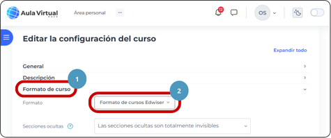 Desplázate hacia abajo hasta encontrar Formato de curso y haz clic para expandirlo. Selecciona la lista expandible de la opción